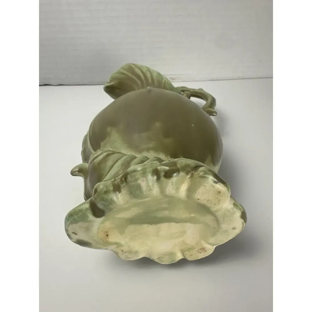 Vintage Green Matte Ceramic Art Deco Pitcher Vase – Ornate Leaf Handle – 8” Tall